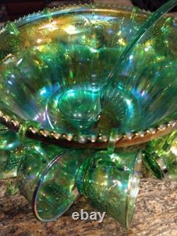 Vtg Indiana Harvest Grape Carnival Glass Iridescent Green Punch Bowl Set w Hooks