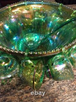 Vtg Indiana Harvest Grape Carnival Glass Iridescent Green Punch Bowl Set w Hooks