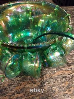 Vtg Indiana Harvest Grape Carnival Glass Iridescent Green Punch Bowl Set w Hooks