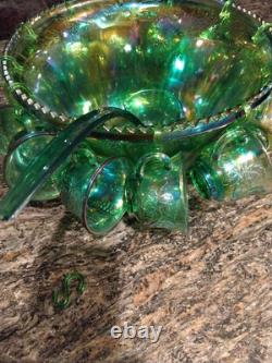 Vtg Indiana Harvest Grape Carnival Glass Iridescent Green Punch Bowl Set w Hooks