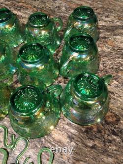 Vtg Indiana Harvest Grape Carnival Glass Iridescent Green Punch Bowl Set w Hooks