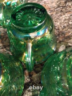 Vtg Indiana Harvest Grape Carnival Glass Iridescent Green Punch Bowl Set w Hooks