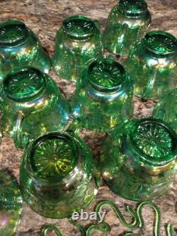 Vtg Indiana Harvest Grape Carnival Glass Iridescent Green Punch Bowl Set w Hooks