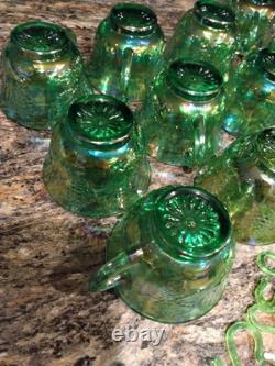 Vtg Indiana Harvest Grape Carnival Glass Iridescent Green Punch Bowl Set w Hooks