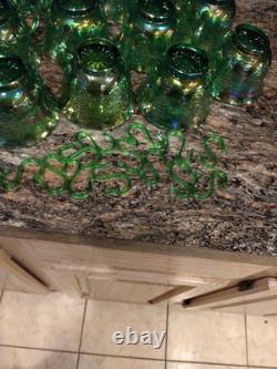 Vtg Indiana Harvest Grape Carnival Glass Iridescent Green Punch Bowl Set w Hooks