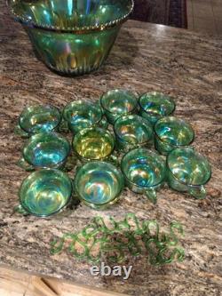 Vtg Indiana Harvest Grape Carnival Glass Iridescent Green Punch Bowl Set w Hooks