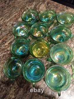 Vtg Indiana Harvest Grape Carnival Glass Iridescent Green Punch Bowl Set w Hooks