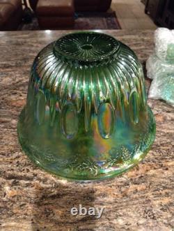 Vtg Indiana Harvest Grape Carnival Glass Iridescent Green Punch Bowl Set w Hooks