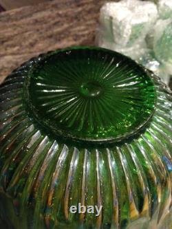 Vtg Indiana Harvest Grape Carnival Glass Iridescent Green Punch Bowl Set w Hooks