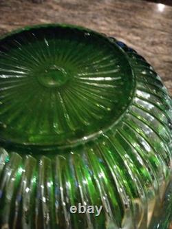 Vtg Indiana Harvest Grape Carnival Glass Iridescent Green Punch Bowl Set w Hooks