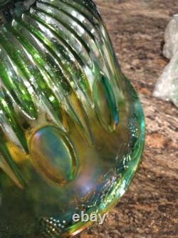 Vtg Indiana Harvest Grape Carnival Glass Iridescent Green Punch Bowl Set w Hooks