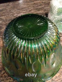 Vtg Indiana Harvest Grape Carnival Glass Iridescent Green Punch Bowl Set w Hooks