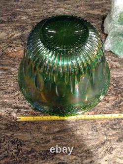 Vtg Indiana Harvest Grape Carnival Glass Iridescent Green Punch Bowl Set w Hooks