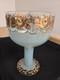 Vtg. Large glass footed bowl blue painted with rose and leaves motif