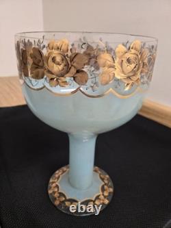 Vtg. Large glass footed bowl blue painted with rose and leaves motif