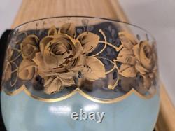 Vtg. Large glass footed bowl blue painted with rose and leaves motif