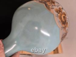 Vtg. Large glass footed bowl blue painted with rose and leaves motif