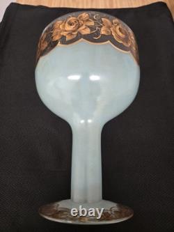 Vtg. Large glass footed bowl blue painted with rose and leaves motif