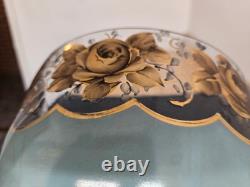 Vtg. Large glass footed bowl blue painted with rose and leaves motif