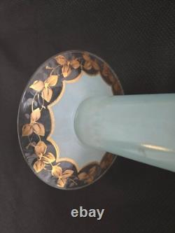 Vtg. Large glass footed bowl blue painted with rose and leaves motif