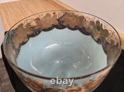 Vtg. Large glass footed bowl blue painted with rose and leaves motif