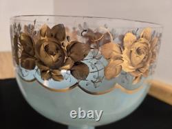 Vtg. Large glass footed bowl blue painted with rose and leaves motif