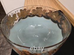 Vtg. Large glass footed bowl blue painted with rose and leaves motif