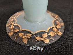 Vtg. Large glass footed bowl blue painted with rose and leaves motif