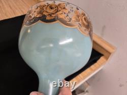 Vtg. Large glass footed bowl blue painted with rose and leaves motif