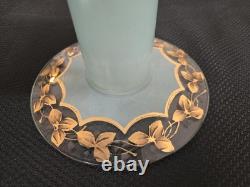 Vtg. Large glass footed bowl blue painted with rose and leaves motif