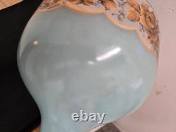 Vtg. Large glass footed bowl blue painted with rose and leaves motif