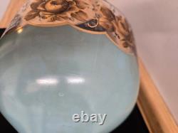 Vtg. Large glass footed bowl blue painted with rose and leaves motif
