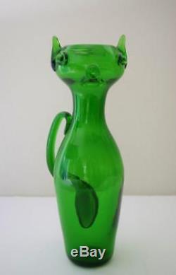 Vtg MCM 1950's Green Blenko Glass Kitty Cat Vase #559 Wayne Husted No Damage