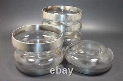 Vtg MCM Dorothy Thorpe Sterling Silver Overlay Band Glass 5.25 in Bowl Set of 6