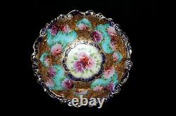 Vtg Nippon Decorative Bowl Hand Painted Pink Floral Scene WithGilding Gold Texture