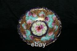 Vtg Nippon Decorative Bowl Hand Painted Pink Floral Scene WithGilding Gold Texture