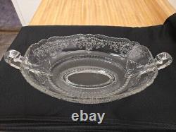 Vtg. Old patterned clear glass ovalesque handled footed fruit bowl