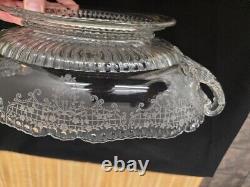 Vtg. Old patterned clear glass ovalesque handled footed fruit bowl