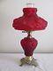 Vtg SATIN Fenton RUBY RED Puffy LAMP Roses L. G. Wright GORGEOUS