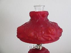 Vtg SATIN Fenton RUBY RED Puffy LAMP Roses L. G. Wright GORGEOUS