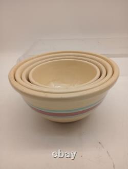 Vtg Set Of 4 McCoy Pottery Pink & Blue Stripes Nesting Mixing Bowls Read Look