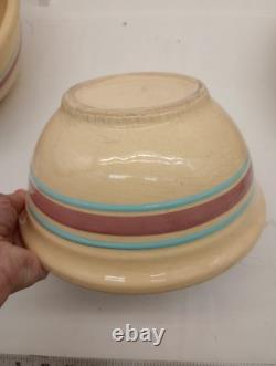 Vtg Set Of 4 McCoy Pottery Pink & Blue Stripes Nesting Mixing Bowls Read Look