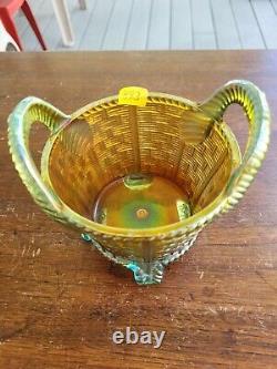 WOW Aqua Northwood Carnival Glass Bushel Basket Great Color
