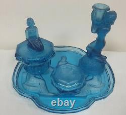 Walther & Sohne Rare Dark Blue Glass Egyptian/3 Maiden Part Dressing Table Set