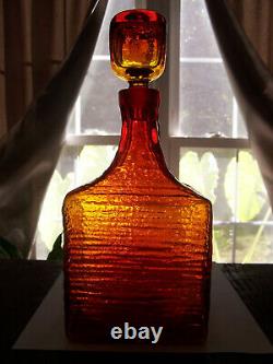 Wayne Husted Tangerine Orange Blenko #6224-l 11+ Square Tree Bark Decanter Exc