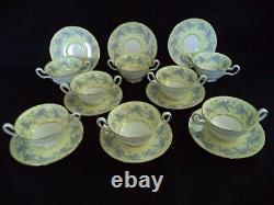 Wedgwood china Josephine 8 cream soup bowls saucers yellow w gray leaves berries