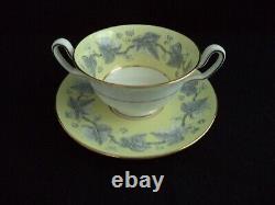 Wedgwood china Josephine 8 cream soup bowls saucers yellow w gray leaves berries