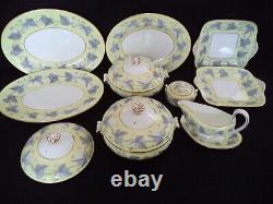 Wedgwood china Josephine 8 cream soup bowls saucers yellow w gray leaves berries