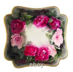 Wm Guerin Limoges square bowl hand painted with roses-signed by artist- 9x9