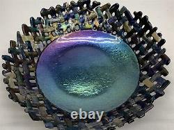 X-lg 18 1/2 Hathcoat Studios Iridescent Art Glass Lattice Centerpiece Bowl